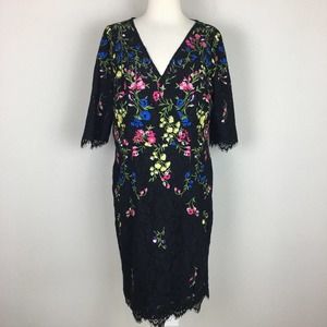 Rickie Freeman Teri Jon Black Floral Embroidered Lace Dress 14